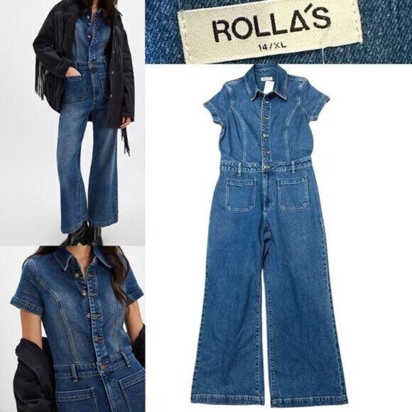 Rollas Sailor Denim Jumpsuit Women’s XL 14 NWT Wide Leg One Piece Short Sleeve - Picture 1 of 9